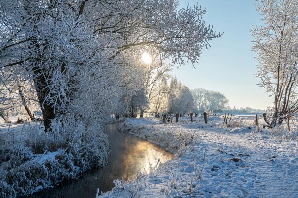 verschneite Landschaft mit Flusslauf