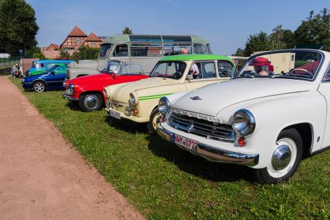 Oldtimer stehen nebeneinander auf der Wiese