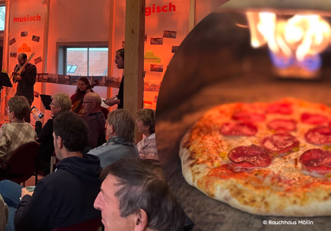 Ein zweiteiliges Bild: Menschen, die singen und eine frisch gebackene Pizza. 